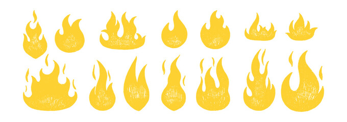 Hand-drawn fire flames in grunge style with crayon texture. Vector illustration featuring doodle brush strokes and chalk-like patterns for creative graphic designs. Vector illustration. © Arina