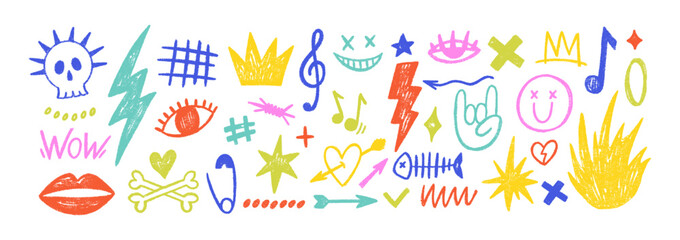 Punk rock doodle stickers with lightning bolts, hand-drawn fire flames, and eyes. Doodle color vector illustration with crayon texture.