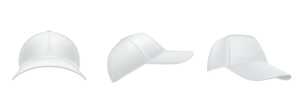 White baseball cap template shown from different angles for design and branding purposes in a vector format