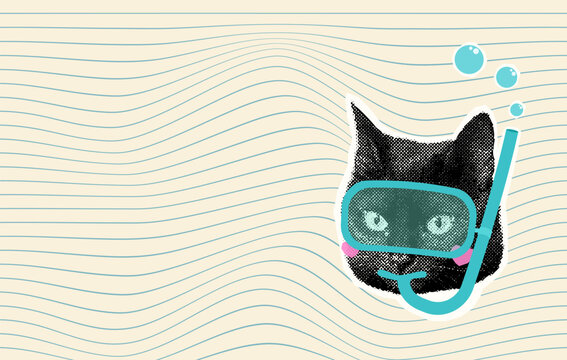 Cute Black Snorkeling Cat Vector Collage, Retro Halftone Summer Animal, Funny Scuba Diving Kitty on Wavy Striped Sea Background