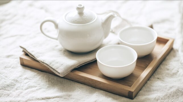 finely. Porcelain tea set arranged on wooden tray with folded linen napkin in soft ambient light. bar promotions, beverage menus, designed for food & beverage menus and cafe branding.
