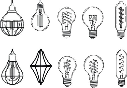 Decorative set of retro incandescent filament light bulbs with various glass shapes and industrial cage wire protectors