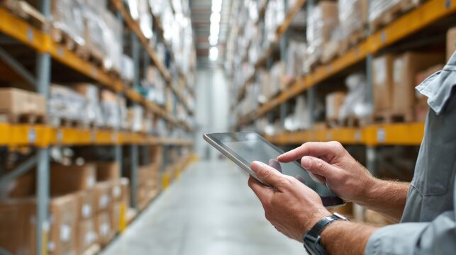 Warehouse Worker Using Tablet in Organized Aisle