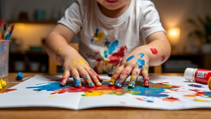Obraz premium A young child enthusiastically engages in a creative activity, painting with their hands on a large sheet of paper in a cozy indoor setting, surrounded by colorful art supplies.