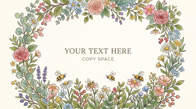 A floral wreath with space for text and bee cartoon illustration, perfect for invitations or greeting cards. The wreath is beautifully decorated with an array of flowers and leaves.