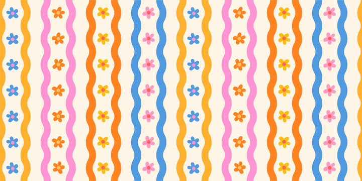 Groovy Wavy Stripes with Colorful Daisy Flowers Seamless Vector Pattern , 70s Retro Funky Squiggle Lines, Cute Floral Summer Background