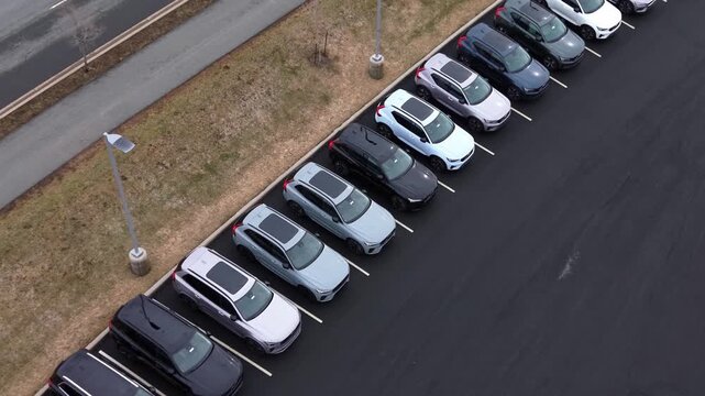 Aerial View Showroom Halifax Nova Scotia Canada Parking Lot Filled With Brand New Vehicles Automotive Retail Business Transportation Industry Car Sales Center Modern Exterior Scene