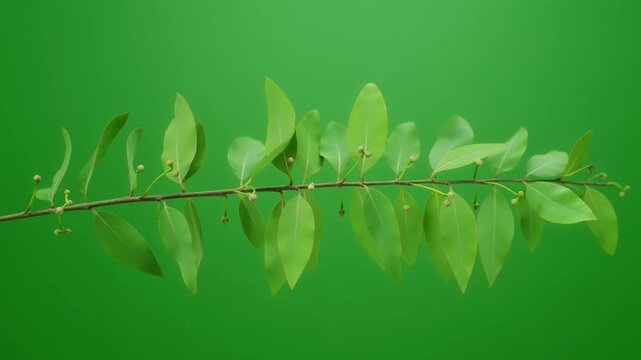 A close-up shot of a leafy branch with small buds against a vibrant green background, perfect for nature-themed designs