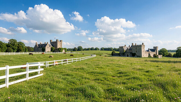 A serene view of a stone castle nestled among verdant fields under a bright sky. The castle's rustic charm is complemented by a white wooden fence.