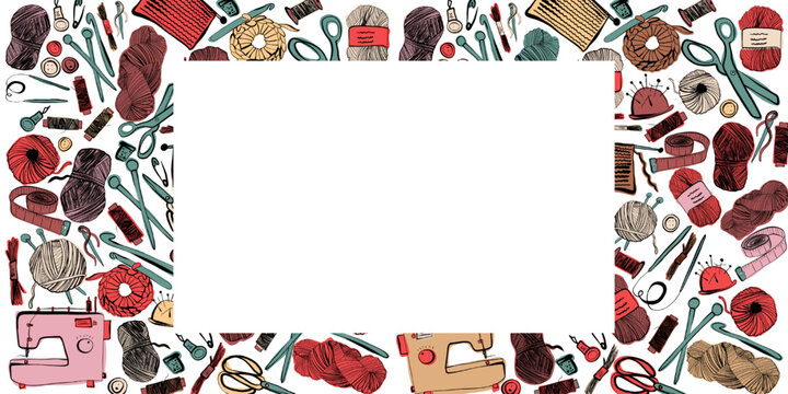 Frame banner with tools for sewing and knitting handmade