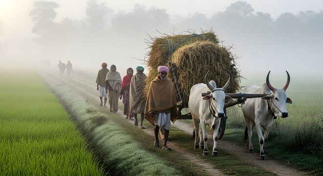 Rural Farmers with Bullock Cart in Misty Winter Morning