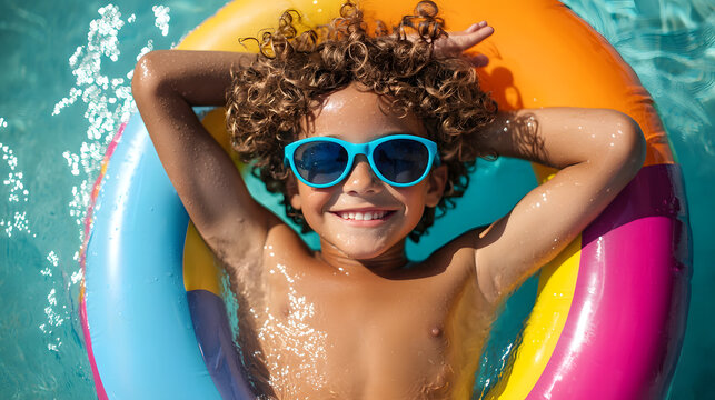 A happy, curly-haired boy wearing sunglasses is sitting in an inflatable ring in a pool on a sunny day