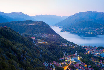 Panorama at the dusk of the Orta Lake (Piedmont, Northern Italy), seen from the top of Madonna del Sasso Sanctuary, over the western banks of the lake (UNESCO Site). © stefanopez