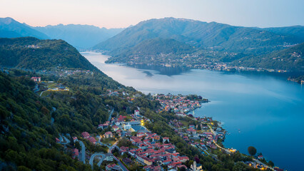 Panorama at the dusk of the Orta Lake (Piedmont, Northern Italy), seen from the top of Madonna del Sasso Sanctuary, over the western banks of the lake (UNESCO Site). © stefanopez