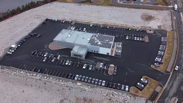 Aerial View Modern Dealership Halifax Nova Scotia Canada Parking Lot With Brand New Cars Automotive Retail Business Transportation Industry Organized Vehicle Inventory Outdoor April 3, 2026