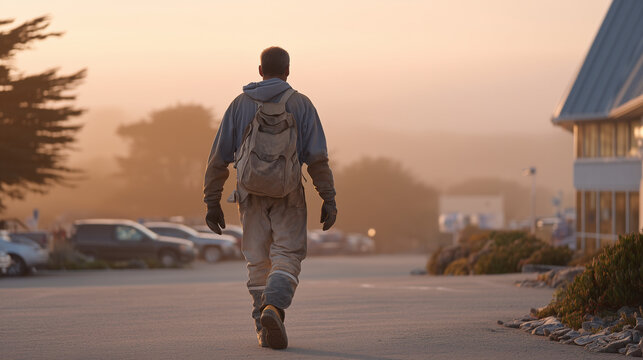 Mist-covered community college parking lot at 6am where middle-aged man in work boots walks toward welding program building, second career retraining, skilled trades adult learner, economic mobility