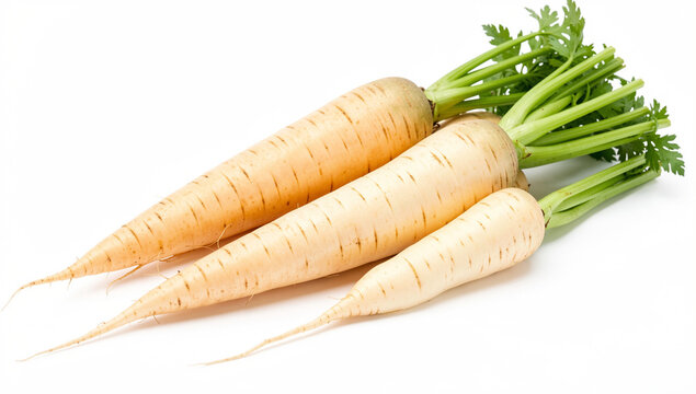 A collection of vibrant orange carrots with green tops, displayed on a plain white surface for clear visibility. The image is taken from above, providing a direct view of the carrots' root end.