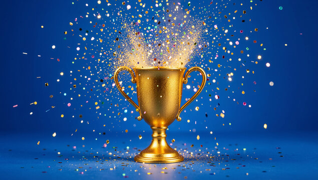A golden trophy on a blue surface with confetti flying in the air in celebration
