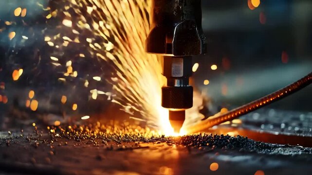 Industrial plasma cutting machine cutting steel plate with sparks