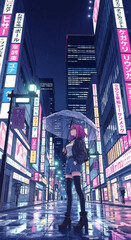 A lone woman with an umbrella stands on a wet street at night, surrounded by glowing neon signs in a bustling city. © anang
