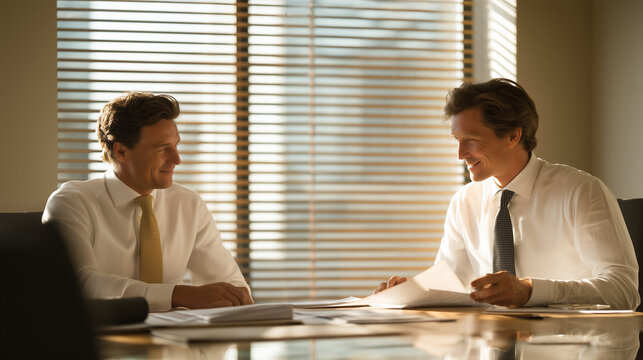 Invoice factoring client intake meeting shows a small business owner and a funding specialist reviewing accounts receivable aging schedules across a glass conference table. Warm afternoon light thro