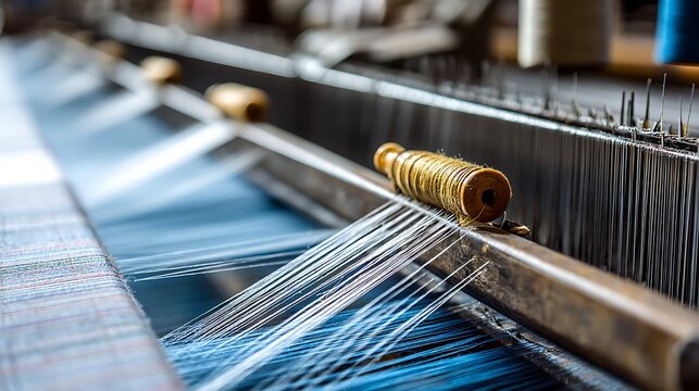 Closeup of a loom with blue threads being woven into fabric