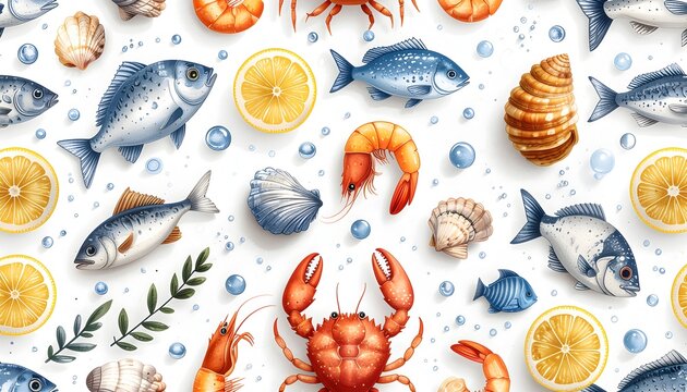 Delicious Seafood Assortment Featuring Fresh Fish, Shrimp, Crab, Lemon Slices, and Shells
