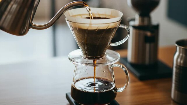 Coffee brewing in glass dripper with kettle on wooden countertop  