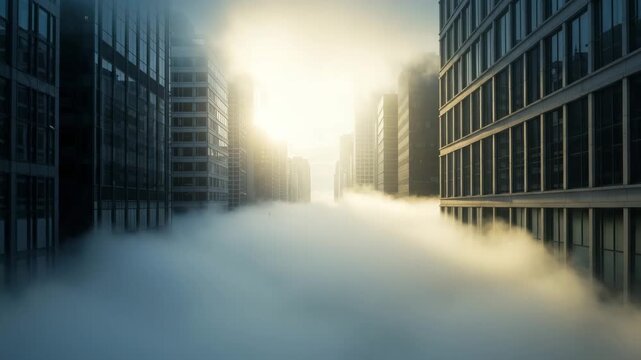 Urban skyline shrouded in fog with sunlight breaking through  