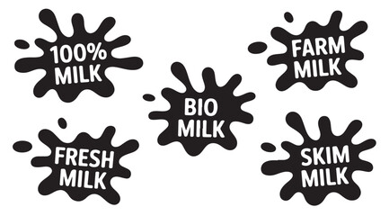 Black milk splash icons with typography for branding and dairy product packaging designs set. © MDNAZMUL