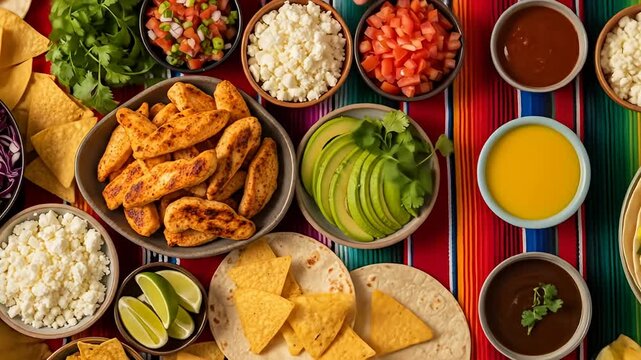 Overhead shot of colorful Mexican feast of tacos, chips, toppings, and sauces