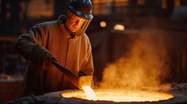 A metallurgist tipping a crucible of molten iron into a cast shaped like two interlocking rings, the merger point glowing intensely. Industrial foundry setting, protective face shields reflecting or