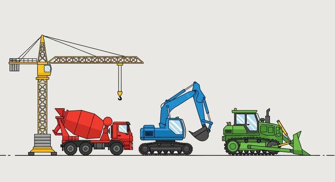 Construction site with crane, cement mixer truck, excavator, and bulldozer.