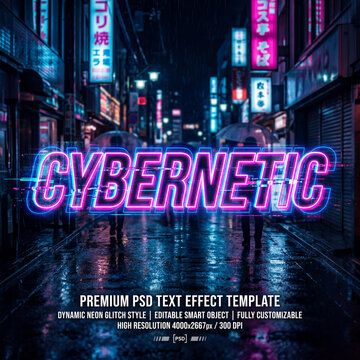 Cyberpunk neon text effect template, city street at night