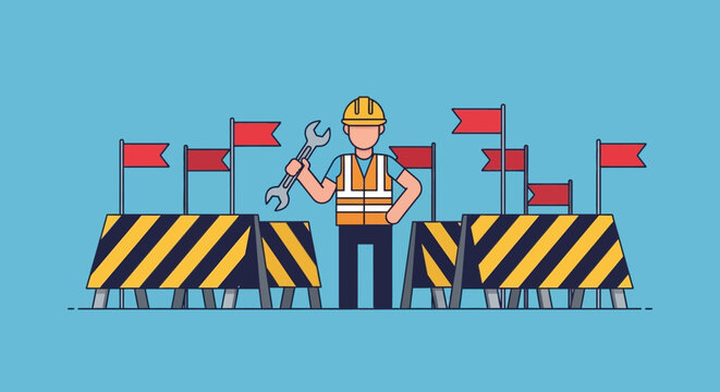 Construction worker with wrench between barriers and flags, symbolizing problem-solving and repair