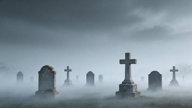 Foggy cemetery with gravestones