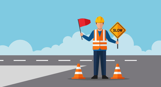 Construction worker with slow sign and red flag directing traffic on road