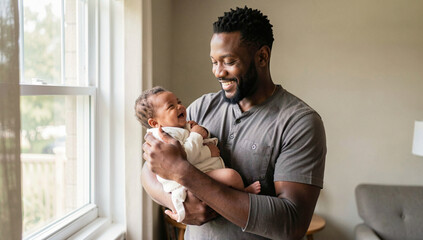 Naklejka premium A heartwarming scene of a father cherishing his first moments with his newborn baby at home by the window.