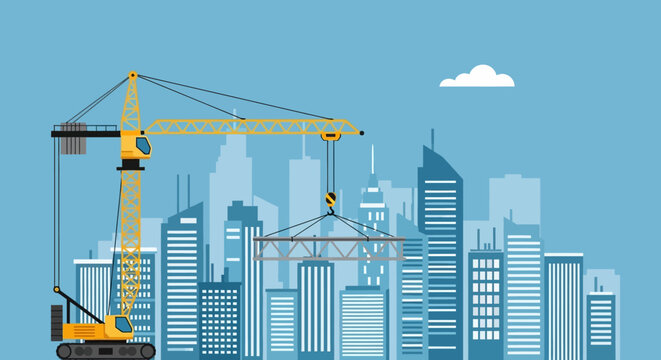 Construction crane lifting steel structure against modern city skyline background