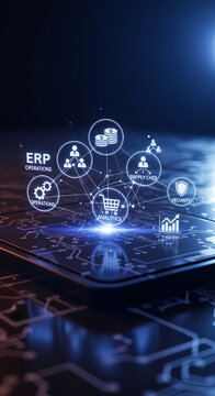 Digital representation of Enterprise Resource Planning (ERP) system with interconnected business icons on a futuristic circuit board.