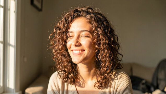 A smiling female with her eyes closed and sun shining on her face.