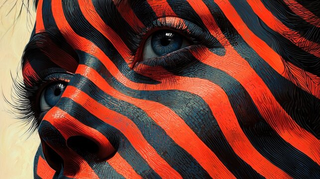 Detailed close up illustration of a woman face with red and black zebra stripe body paint, blue eyes and textured skin, modern artistic beauty concept background