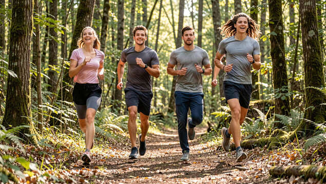 Group of people jogging through wooded area.