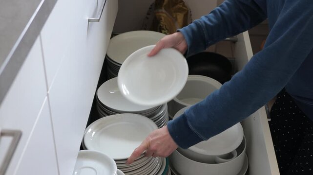 Person organizing white plates and bowls in a kitchen drawer