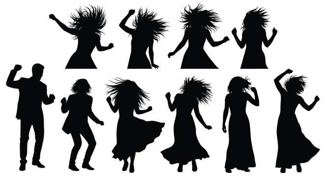 Diverse group of silhouetted people dancing energetically with joyful expressions and flowing hair