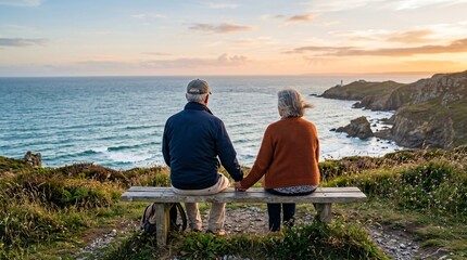 Fototapeta premium Elderly man and elderly woman sitting on bench and looking at ocean view. Senior couple enjoying retirement and travel together. Romantic landscape at sunset, lifestyle leisure concept.