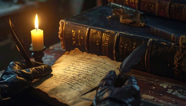 An ancient quill pen diligently writes Latin script on aged vellum parchment beside a candle and old books.