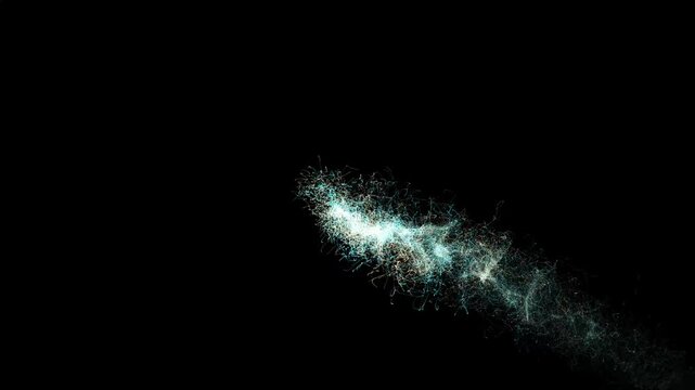 An abstract particle animation starting from the bottom right corner where a vibrant cyan electric thread spirals upwards into the center.