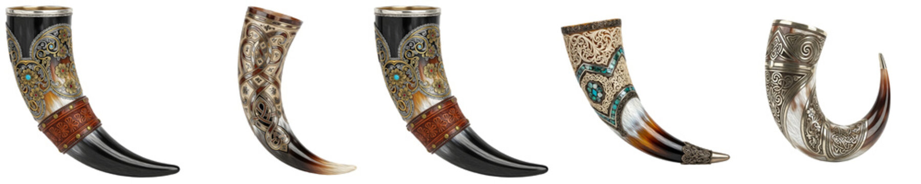 Antique Viking Drinking Horn Set Isolated on White Background - Ornate Medieval Mead Horn with Silver Embossed Filigree and Gemstones, Nordic Ritual Vessel 3D Illustration PNG