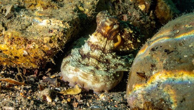A shy octopus perfectly camouflaged against a textured rock, showcasing its remarkable ability to blend into its underwater environment.